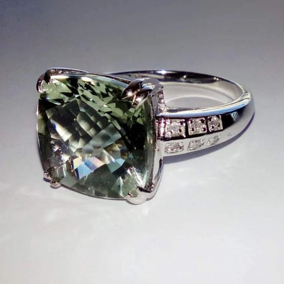 Natural Green Quartz Prasiolite In 14K White Gold Diamond Accents Cocktail Ring - Picture 7 of 10